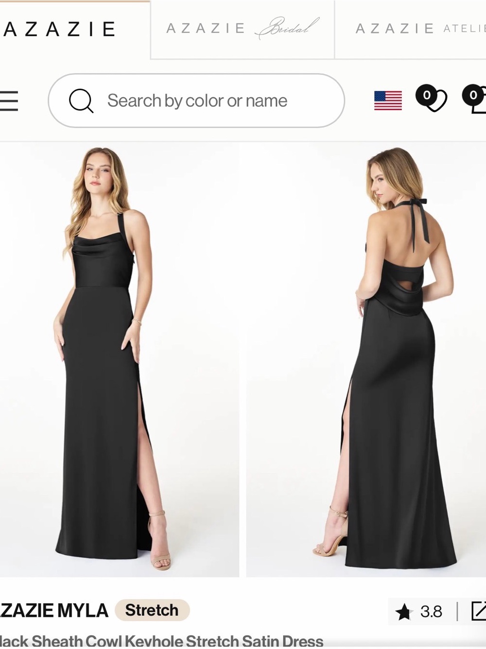 Azazie Black Sheath Cowl Keyhole Stretch Satin Bridesmaid Dress- size 2